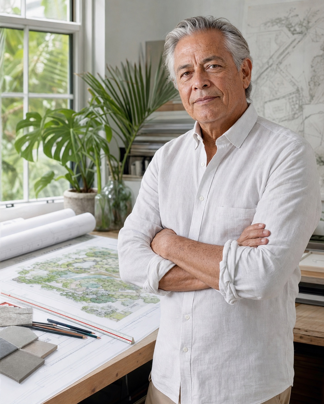A registered landscape architect reviewing planting plans in a light-filled Fort Lauderdale studio