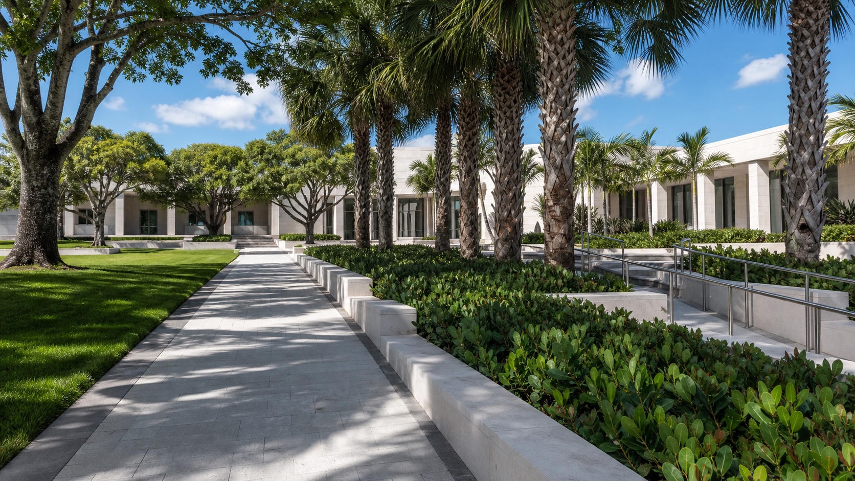 South Florida civic campus with a palm-lined walk, native hedges, lawn and accessible routes