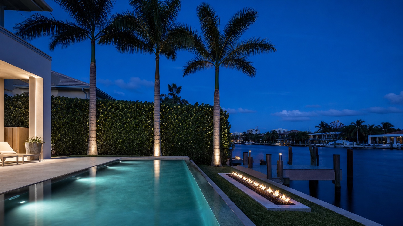 Waterfront residence at blue hour with an infinity pool, lit royal palms and an Intracoastal dock