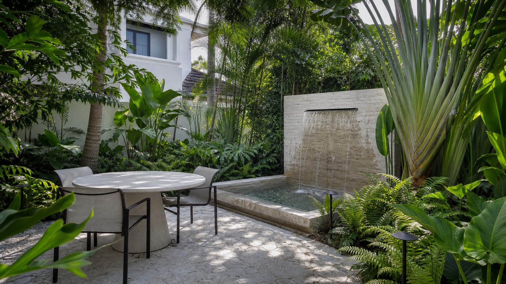 Private tropical garden room with a limestone water wall, shell-stone terrace and layered foliage