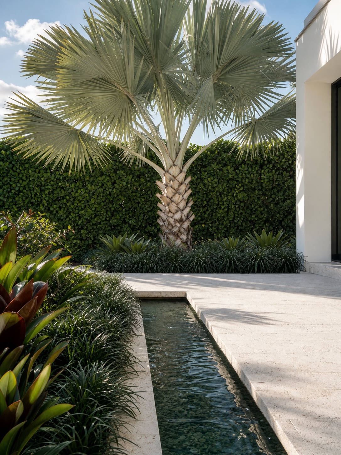Refined residential landscape with a sculptural bismarck palm, shell-stone terrace and linear water rill