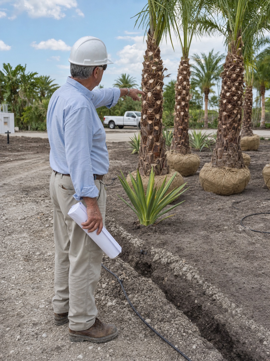 Landscape architect reviewing staged palms and irrigation work on an active construction site