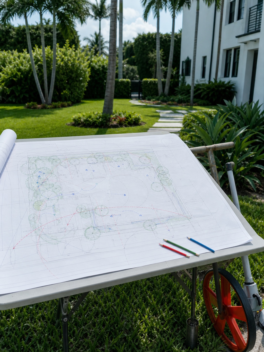 A South Florida site survey marked up for sun, drainage and existing tree canopy