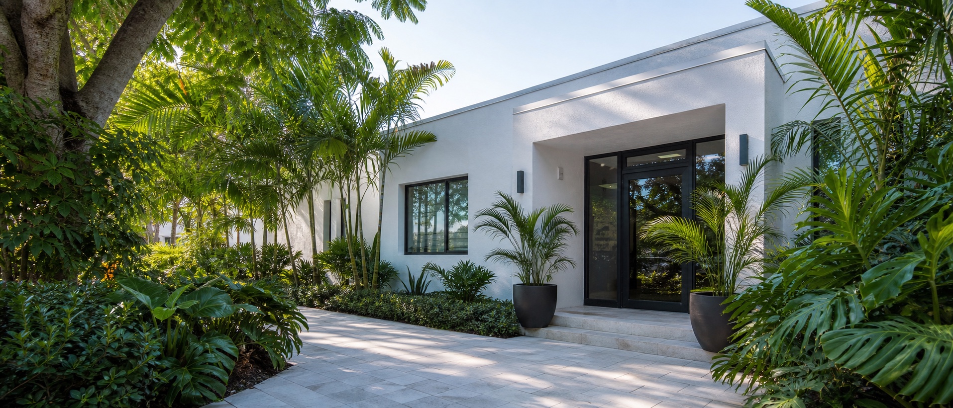 Tropical planting along the stone walkway and glass entry of a Fort Lauderdale design studio
